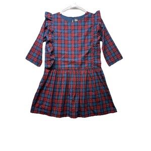 TEA COLLECTION Ruffled Shoulder Plaid Dress Blue Red NWT Girls Size 12 3/4 Sleev